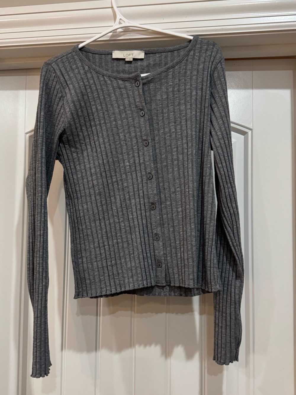 LOFT Charcoal Ribbed Button-Front Knit Cardigan